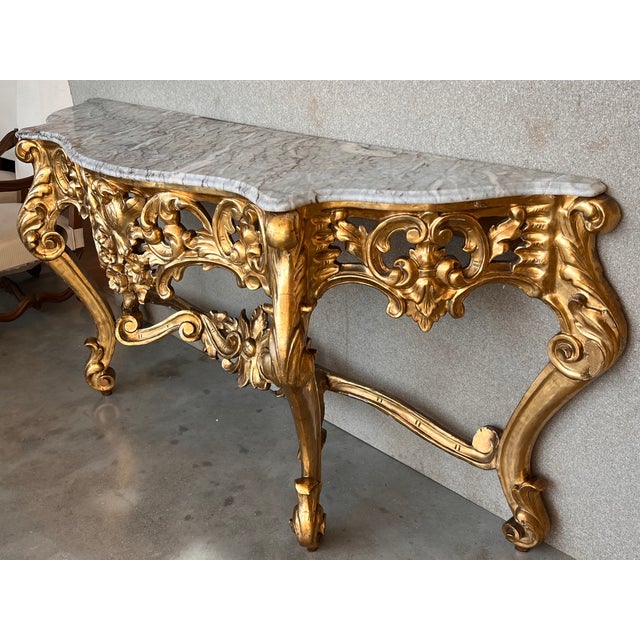Spanish 19th Baroque Carved & Gilted Walnut Ormolu and Marble Console Table For Sale - Image 4 of 13