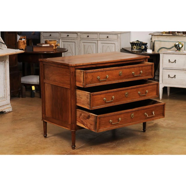Brown French Louis XVI Period 1790s Walnut Three Drawer Commode with Fluted Side Posts For Sale - Image 8 of 12