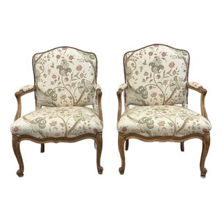 Pair Vintage French Fauteuils Upholstered in Scalamandre Fabric With Nailhead Trim For Sale