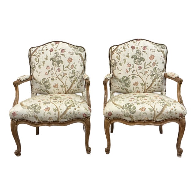 Pair Vintage French Fauteuils Upholstered in Scalamandre Fabric With Nailhead Trim For Sale