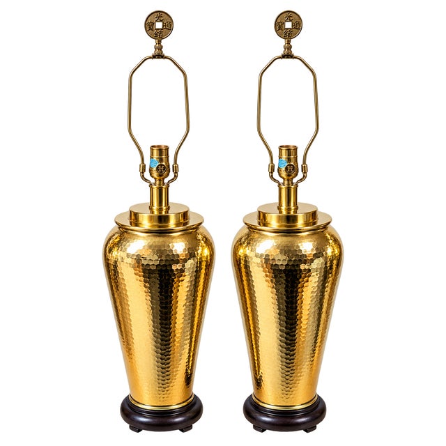 1960’s Paul Hanson Hammered Polished Brass Chinoiserie Table Lamps With Coin Finials For Sale - Image 14 of 14