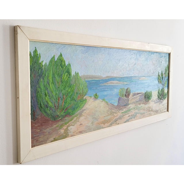 Attractive panoramic oil on canvas painting depicting a southern Adriatic or Dalmatian coastal landscape, mid-20th...