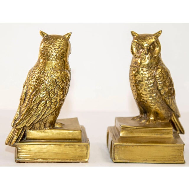 Mid-Century Modern Vintage Cast Brass Owl Figurine Sculpture Bookends Mid-Century Modern 1950's For Sale - Image 3 of 13