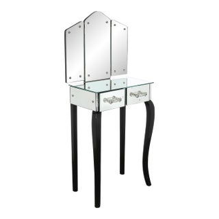 Art Deco Hollywood Mirrored Trifold Ebonized Cabriole Leg Vanity W/ Glass Pulls For Sale