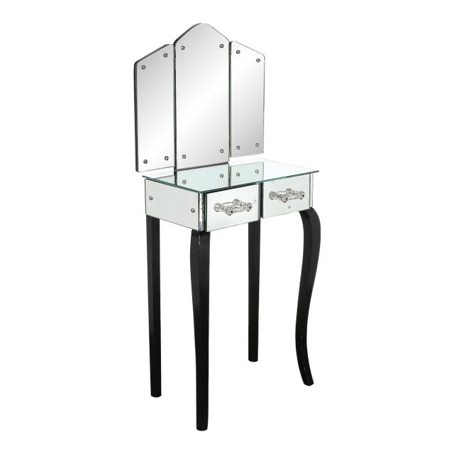 Art Deco Hollywood Mirrored Trifold Ebonized Cabriole Leg Vanity W/ Glass Pulls For Sale