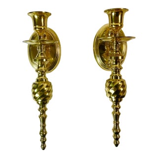 Mid-Century Federal Traditional Brass Wall Candle Holder Sconces - A Pair For Sale