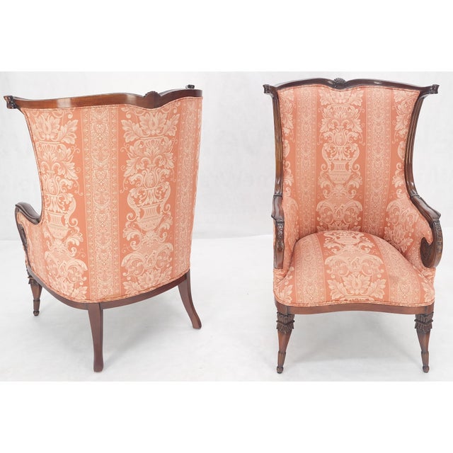 Fine Carved Mahogany Cream Silk Like Upholstery Regency Fire Side Chairs - A Pair For Sale - Image 10 of 12
