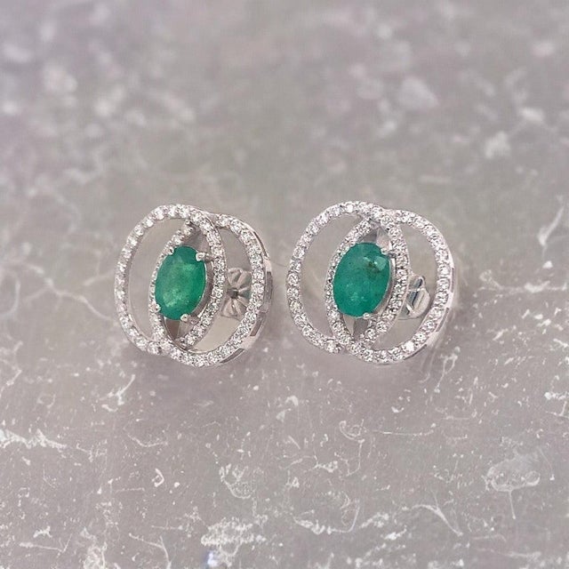Metal Diamond Emerald Earrings 14k White Gold 2.16 TCW Certified For Sale - Image 7 of 15