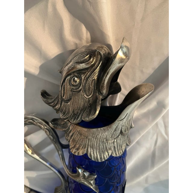 Hand-Blown Sapphire Blue Glass Claret With Silver Motifs For Sale - Image 9 of 12