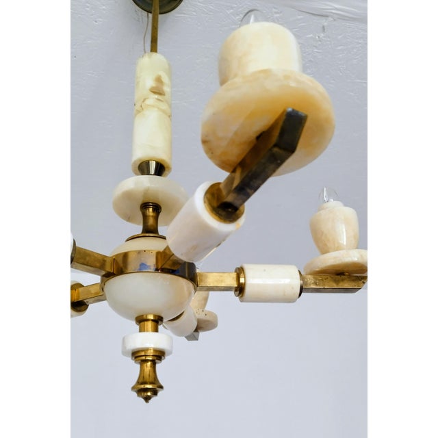 Vintage 1980s Italian Onyx Brass Marble Chandelier Lighting Ceiling Fixture Light For Sale - Image 4 of 9