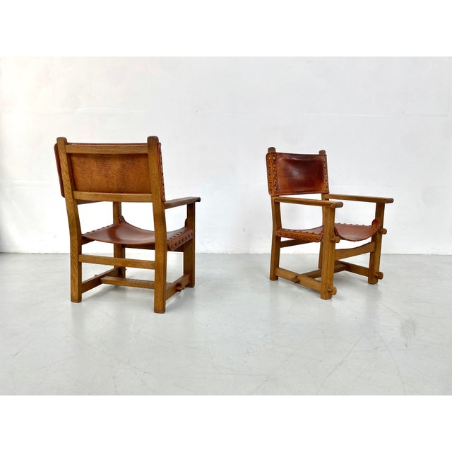 Vintage French Brutalist Castle Armchairs in Oak and Cognac Leather, 1920s, Set of 2 For Sale - Image 12 of 13