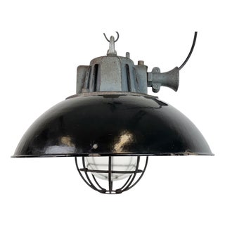 Industrial Black Enamel and Cast Iron Cage Pendant Light from Elektrosvit, 1960s For Sale