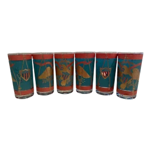 6 Vintage Cera Glassware Highball Glasses, Regimental Drum With Gold Eagle