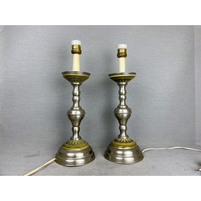 Olive Regency Portuguese Alloy and Green Ceramic Buffet Table Lamps, 1950s, Set of 2 For Sale - Image 8 of 18