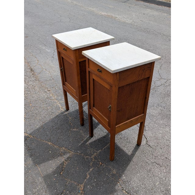 Antique French Oak White Marble Top Bedside Cabinets - A Pair For Sale In Washington DC - Image 6 of 12