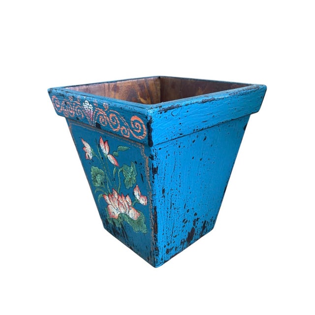 Shabby Chic Vintage Balinese Hand-Painted Wood Cachepot or Trash Can | Teal & Lotus Motif For Sale - Image 3 of 9