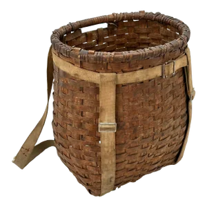 Nicely Age and Use Rustically Weathered Antique American Hand Woven Wood Splint Backpack Basket