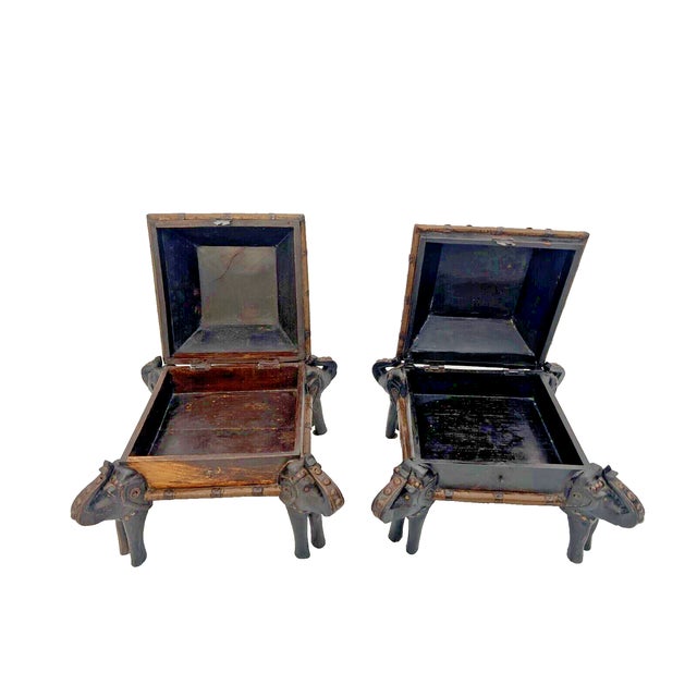 Amazing pair of Early 1940's Elephant legs Low Tables with Trunk style storage and hand forged iron and brass trim. 12"...