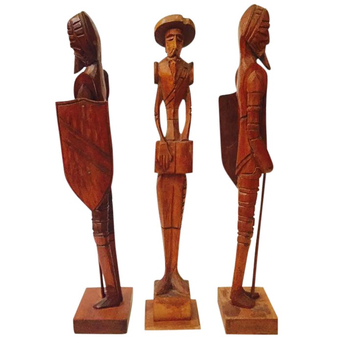 Mid Century Wood Carved Don Quixote Statues Set of 3 Chairish