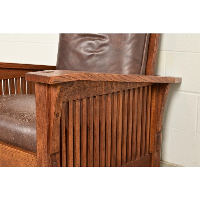 Wood Stickley Mission Oak Arts & Crafts Reclining Morris Lounge Chair With Ottoman For Sale - Image 7 of 14