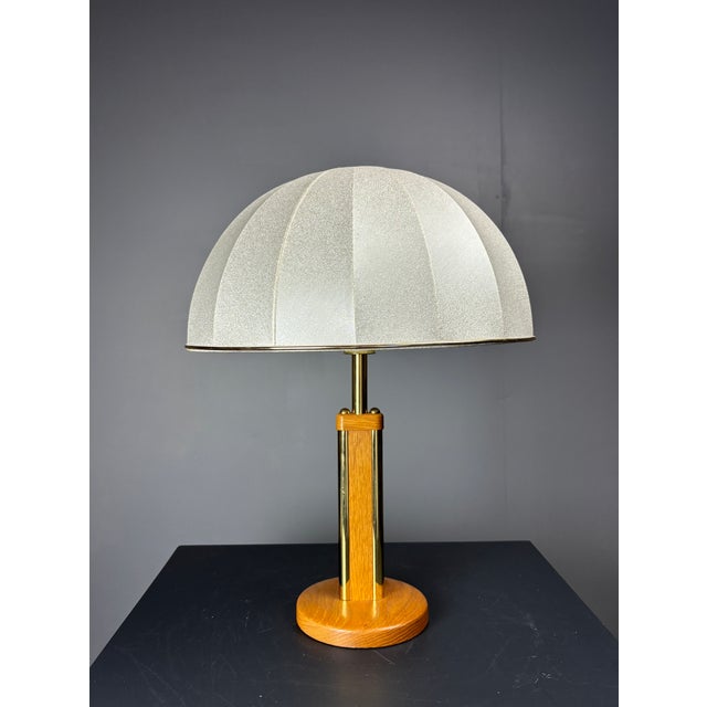 Mid-Century Austrian Hollywood Regency Oak and Brass Table Lamp with Mushroom Shade, 1960s For Sale - Image 13 of 17