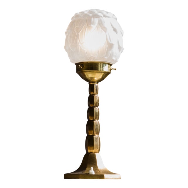 Art Deco Brass Table Lamp with Frosted Glass Shade, 1930s For Sale