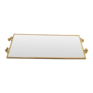 Vintage French Italian Brass Ormolu Vanity Mirrored Tray With Ivy Leaf Accents For Sale