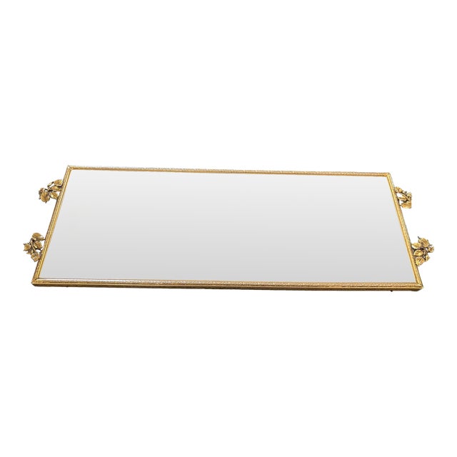 Vintage French Italian Brass Ormolu Vanity Mirrored Tray With Ivy Leaf Accents For Sale
