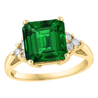 Natural 3.5 Ct Emerald Cut Emerald & 0.30 Carat Diamond Ring 14 Kt Yellow Gold For Sale