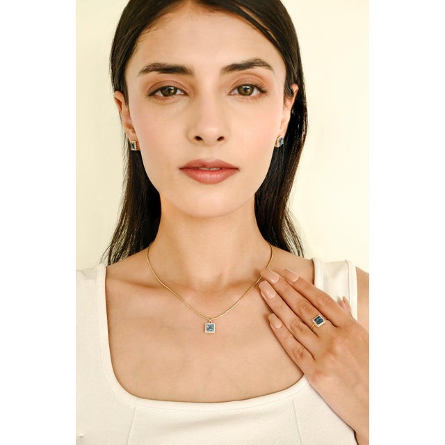 Metal Square Blue Topaz Diamond Halo Earrings Pendant Ring Set in 18k Gold - 4 Pieces For Sale - Image 7 of 12
