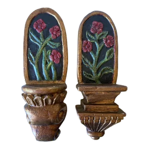 Pair of Ornate Folk Art Sconces Hand-Crafted Wall Santos Shelves Early 20th Century