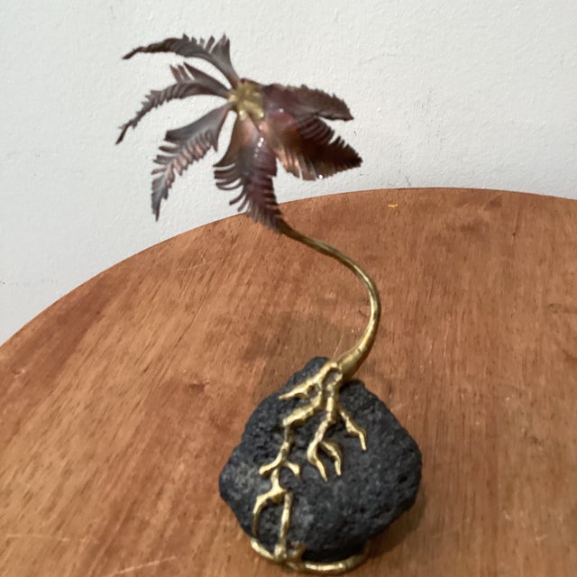 Vintage Copper and Brass Palm Tree Sculpture Mounted on Lava Rock Base For Sale - Image 10 of 12