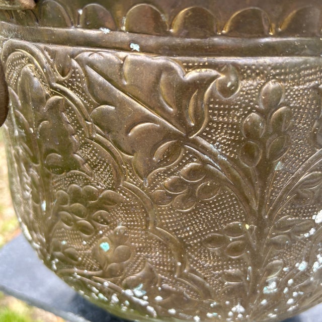 Brass Vintage Patinated Hammered Brass Planter/Jardiniere Ring Handles Repousse Floral Design For Sale - Image 8 of 12