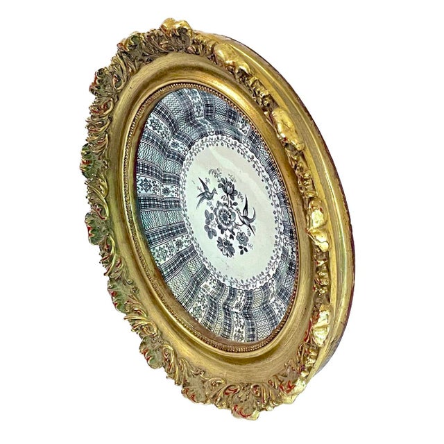 Vintage round framed 'Cashmere' bird and floral transferware plate. Giltwood acanthus leaf style frame. Bird and floral...