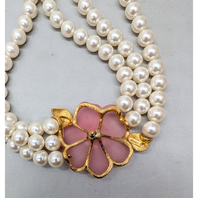 Metal Vintage 1980s Signed Napier 3-Strand Beaded Faux-Pearl Pink Flower Necklace For Sale - Image 7 of 8