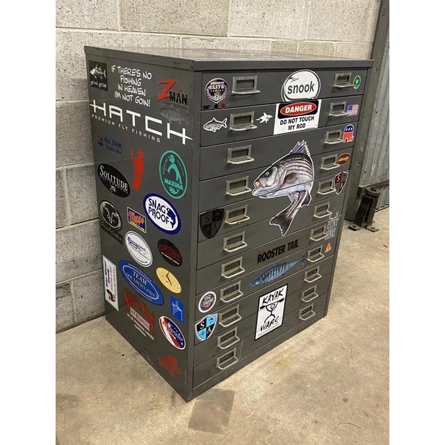 Vintage Steel Metal 11 Drawer Garage Fish Tackle Box Tool Chest Parts Cabinet. Item feaures various stickers throughout....