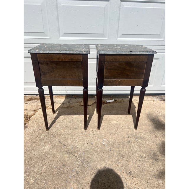 French 19th Century Louis XVI Pair of Walnut Marble Top Night Stands For Sale - Image 6 of 11