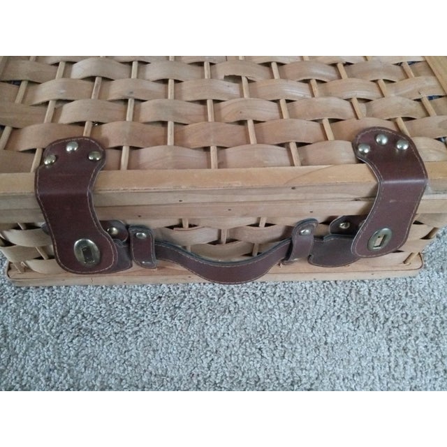 Pre Owned Woven Wicker & Pine Wood 12"Wx6"Dx20"L Leather Strap Picnic Basket Some damage to the top of the basket as shown...
