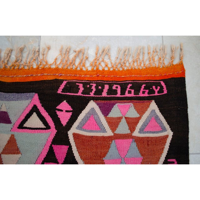 Vibrant Turkish Kilim Rug, 1966 Dated Vintage Tribal Rug, Pink and Orange Geometric Flatweave 6x8 Ft Approx For Sale - Image 12 of 18