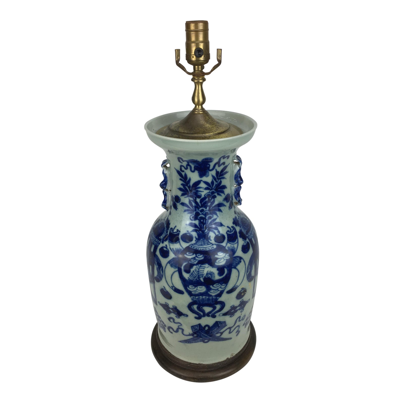 19th Century Celedon Blue White Vase Lamp With Foo Dog Handles