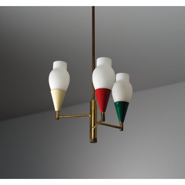 Vintage Italian Brass and Opaline Glass Chandelier, 1950s For Sale - Image 4 of 9