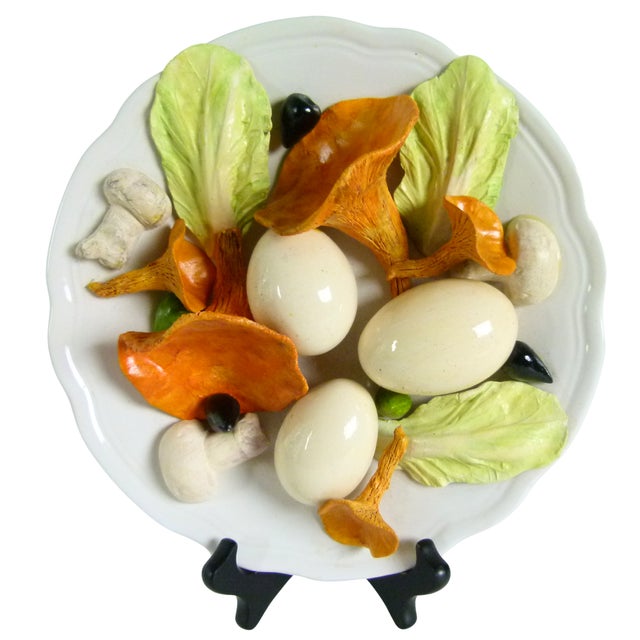 French Country Late 20th Century Christine Viennet 8.5" French Trompe L’Oeil Porcelain Plate . Chanterelle Mushrooms, Eggs, Lettuce Leaves, For Sale - Image 3 of 8