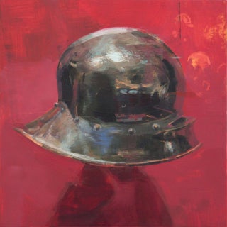Helmet for the Ghost by Elena Burykina | Oil on panel Painting of a metallic helmet on a red background For Sale