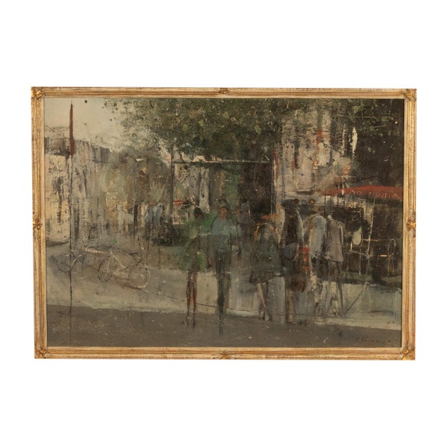 A large & striking Mid-20th century French Post-Impressionist Modernist oil on canvas painting, Parisian street scene by...