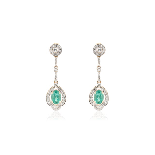 Geometric Style Oval Emerald & Diamond Halo Drop Earrings in 14k Yellow Gold- A Pair For Sale - Image 4 of 13