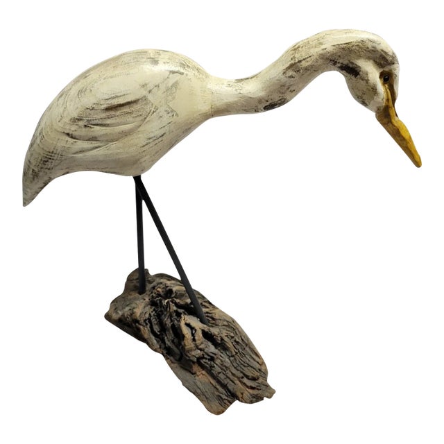 1989 Wood Bird Shore Bird Carving on Driftwood, Signed Corwin For Sale