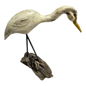 1989 Wood Bird Shore Bird Carving on Driftwood, Signed Corwin