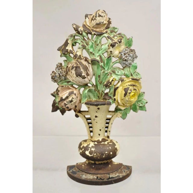 Antique Victorian Hubley Tall Cast Iron Figural Floral Painted Bouquet Door Stop For Sale - Image 10 of 10