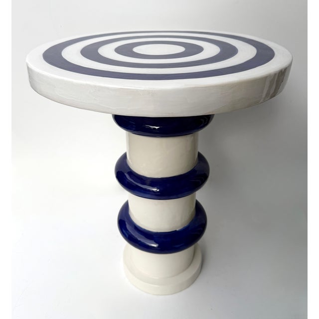 Mid-Century Modern Contemporary Pair of Blue and White Ceramic Stripe Side Tables. Italy For Sale - Image 3 of 12