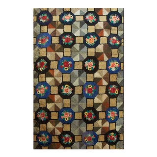1920s Multi Grid Folk Art Antique American Hooked Rug 6'0" X 9'0" Woven Wool Carpet For Sale